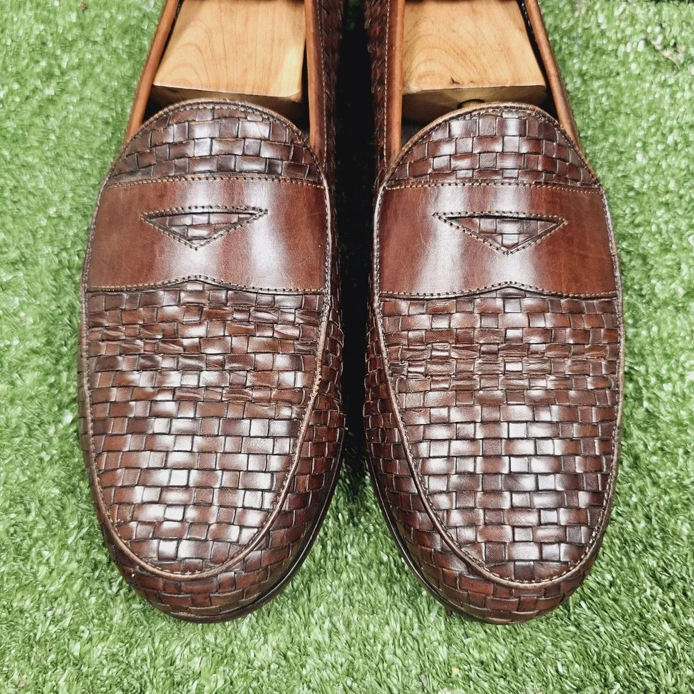 Bragano Brown Leather Slip On Woven Penny Loafer Dress Shoes Mens Size 10 M‎